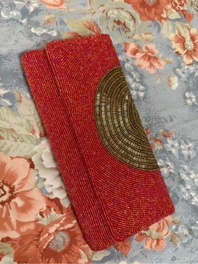 Beaded Pink Evening Clutch with Gold Accents